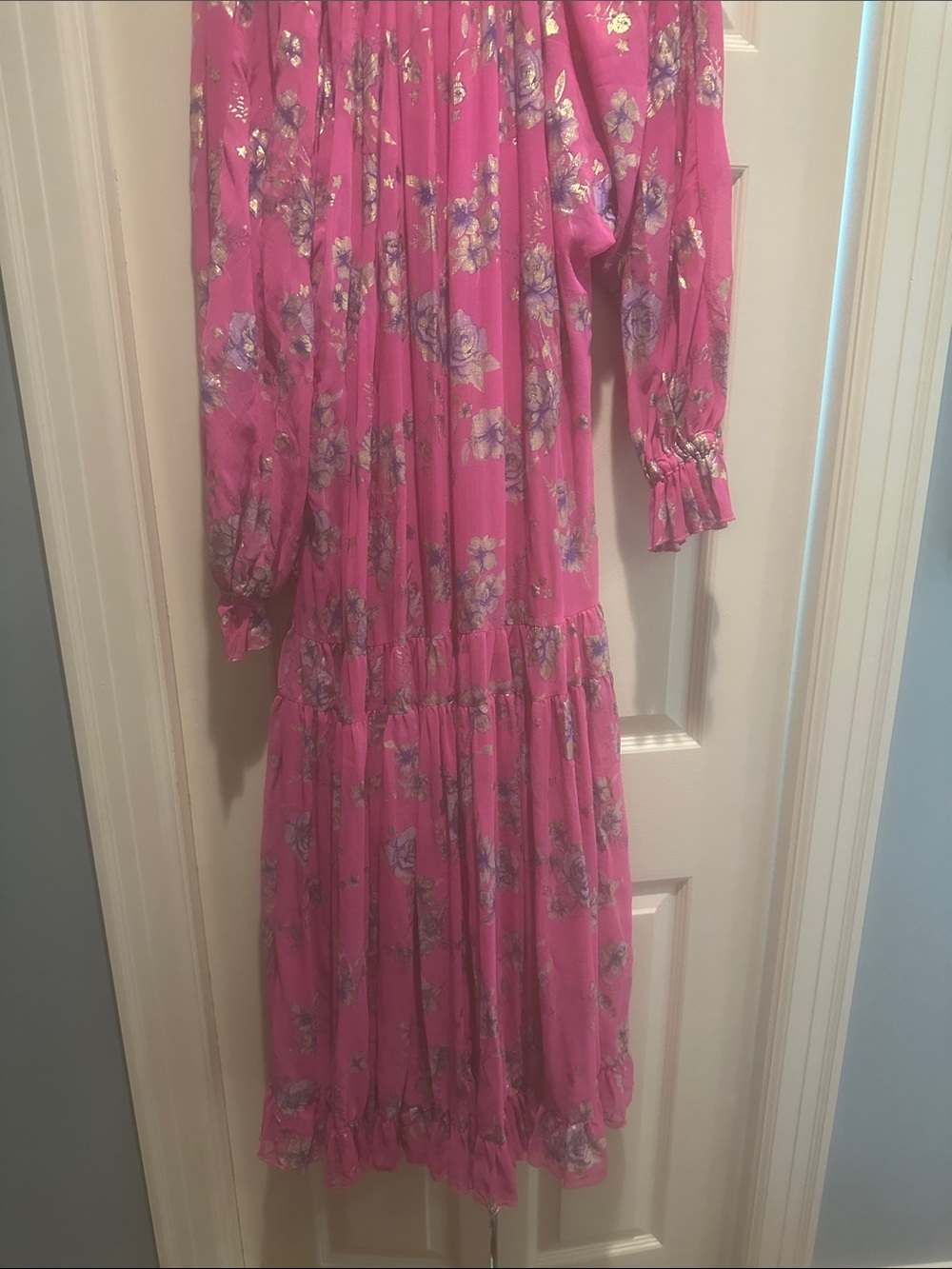 Free People Floral Tie-Neck Long Sleeve Midi Dress - Pink - Picture 6 of 6
